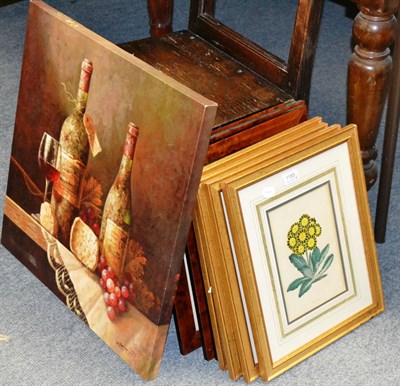 Lot 1185 - Modern oil on canvas, still life study of wine bottles and grapes; set of four botanical prints...