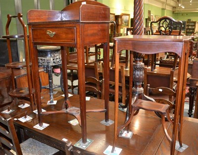 Lot 1226 - An Edwardian inlaid three tier cake stand, an inlaid occasional table and a mahogany washstand (3)