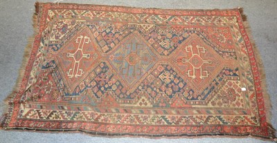 Lot 1254 - Kashgai rug, South West Persia, The indigo fields with three stepped medallions enclosed by...