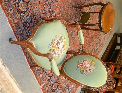 Lot 1280 - Edwardian window table and open armchair with woolwork back and seat (2)