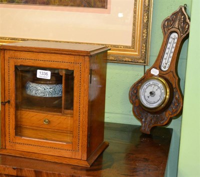 Lot 1336 - Light oak inlaid smoker's cabinet and small oak aneroid barometer (2)