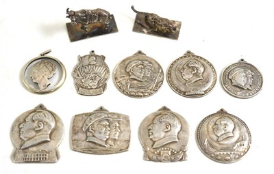 Lot 13 - A group of silver comprising two animal models and a coin pierced and converted to a pendant; eight