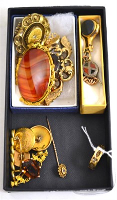 Lot 16 - A Victorian brooch, assorted bar brooches, a swivel key fob, a 15ct gold mourning ring,...