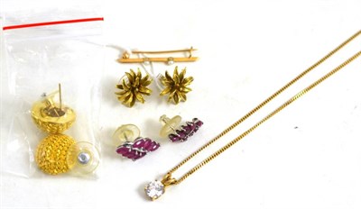 Lot 20 - A pearl brooch, a cubic zirconia pendant on chain and three pairs of earrings (a.f.)
