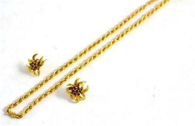 Lot 23 - A 9ct gold rope chain and a pair of ruby earrings