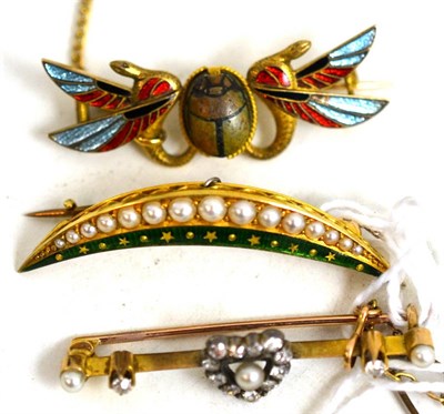 Lot 24 - A pearl and diamond brooch, a scarab brooch and a seed pearl and green enamel crescent brooch (3)