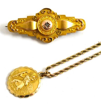 Lot 27 - A 9ct gold chain with 9ct gold St Christopher pendant together with a Victorian 9ct gold brooch