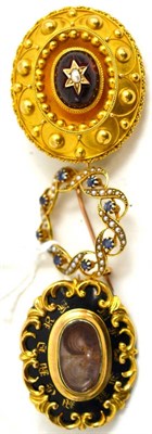 Lot 38 - Two Victorian mourning brooches and an Edwardian 15ct gold sapphire and seed pearl brooch