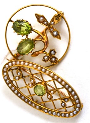 Lot 43 - Two Edwardian 15ct gold seed pearl and peridot brooches (each with one pearl lacking)