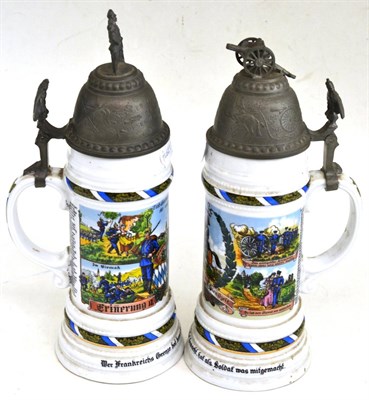 Lot 52 - Two 20th century German pottery steins with pewter covers, the vases impressed with lithophanes