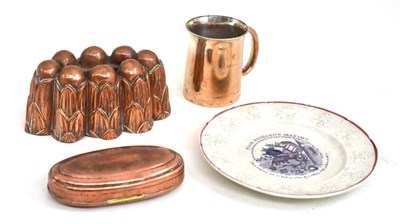 Lot 54 - A copper jelly mould, nursery plate, 18th century snuff box and a mug (4)