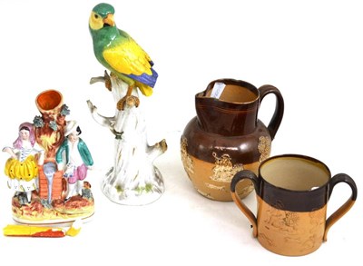 Lot 60 - A 19th century Meissen model of a parrot (a.f.), stoneware mugs etc