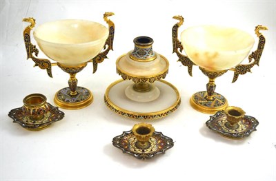 Lot 72 - Champleve and onyx graduated candle holder, a pair of urns and three candlesticks