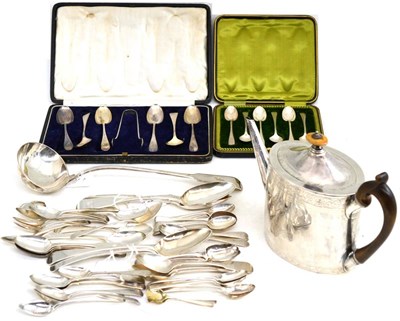 Lot 73 - A collection of 18th century and later silver flatware including five egg spoons, two salt shovels