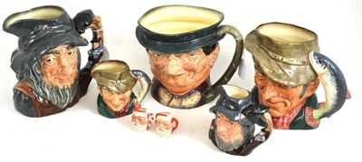 Lot 82 - A group of seven Royal Doulton character jugs comprising a large and medium 'The Poacher',...