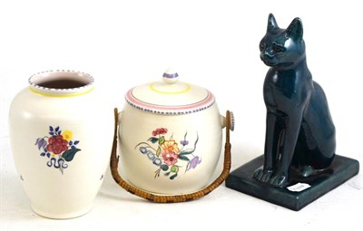 Lot 93 - Group including Poole pottery, pottery cat model, Staffordshire model, gilded blue glass...