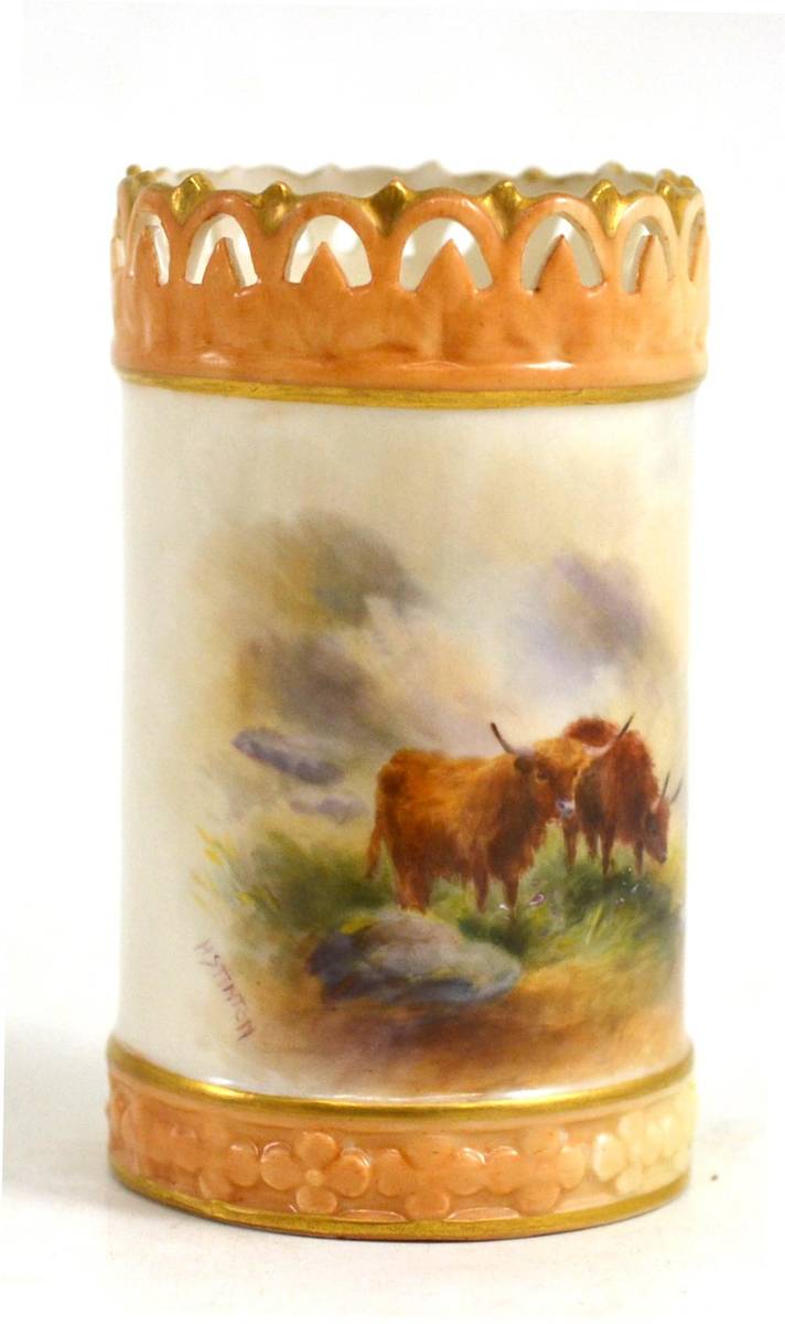 Lot 123 - A Royal Worcester spill vase, painted by Harry Stinton with cattle