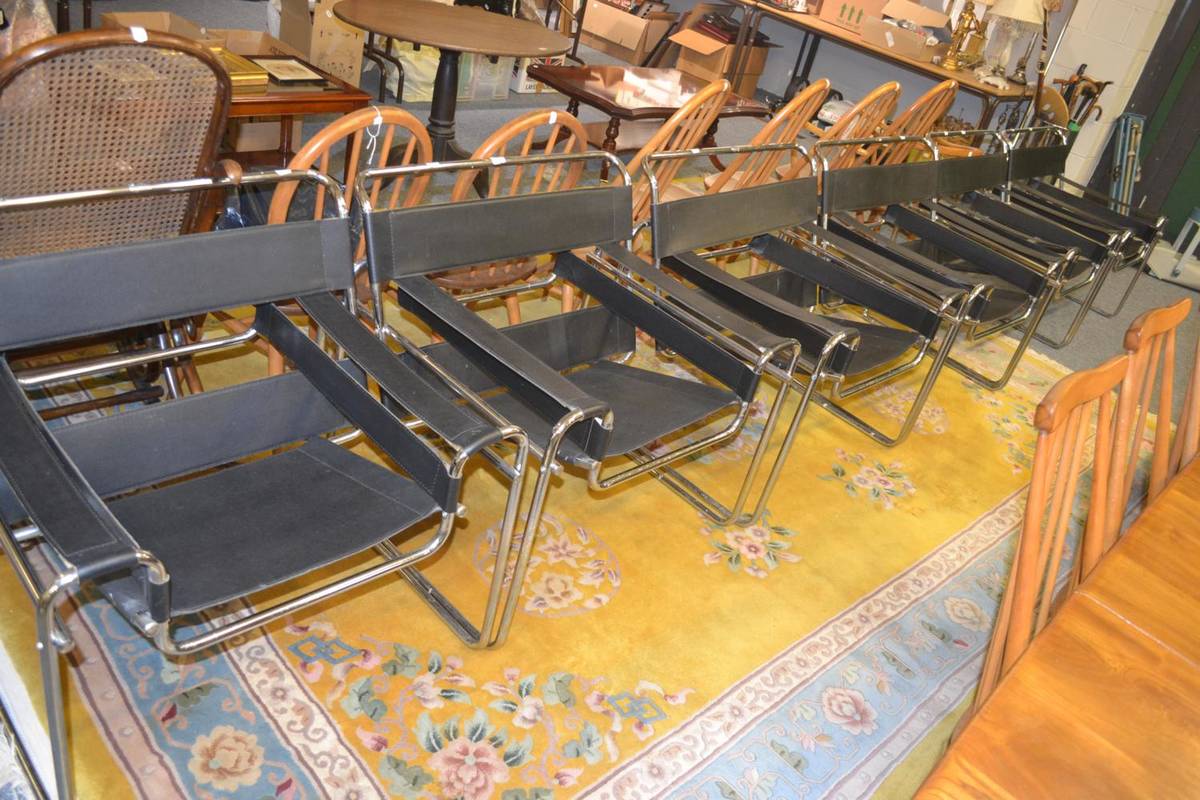 Lot 1152 - Six Modern Wassily Chairs, after a design by Marcel Brewer, bent chrome-plated tubular steel frames