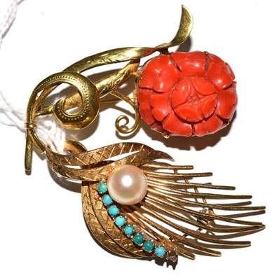 Lot 19 - A coral mounted floral brooch and a cultured pearl and turquoise set brooch (one turquoise missing)