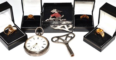 Lot 37 - Six rings, silver pocket watches and a costume brooch