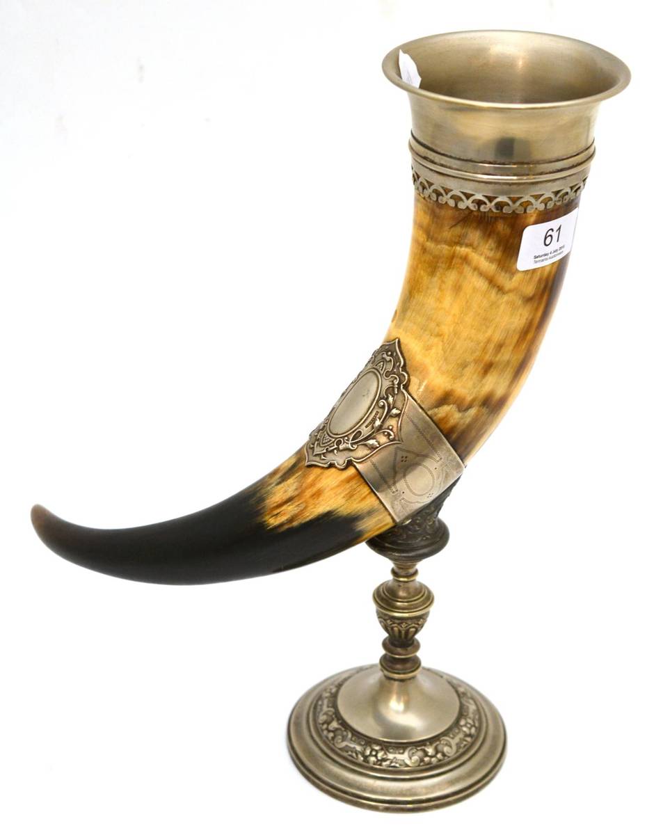 Lot 61 - A 19th century cow horn with silver plated mounts, the base stamped 'WMF'
