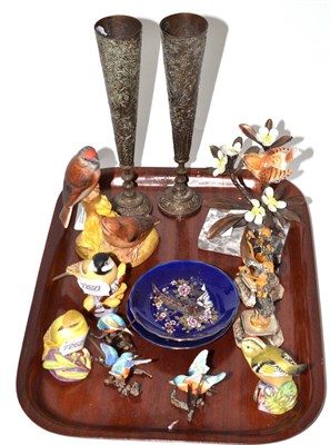 Lot 70 - Four Royal Worcester birds (three kingfishers and a wren), two cast metal figures, two saucers, etc