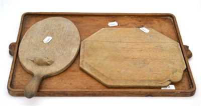Lot 73 - Oak Mouseman Thompson tray, cheese board and breadboard