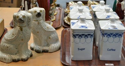 Lot 78 - Two Staffordshire dogs and six kitchen jars stamped 'TC'