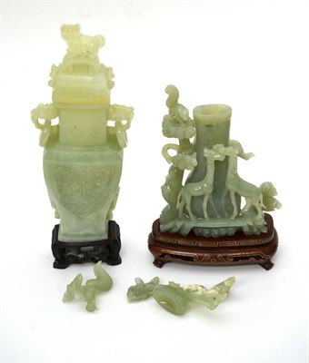 Lot 94 - A jade type vase and cover, boxed, circa 1960s and a jade type vase and cover with giraffes (a.f.)