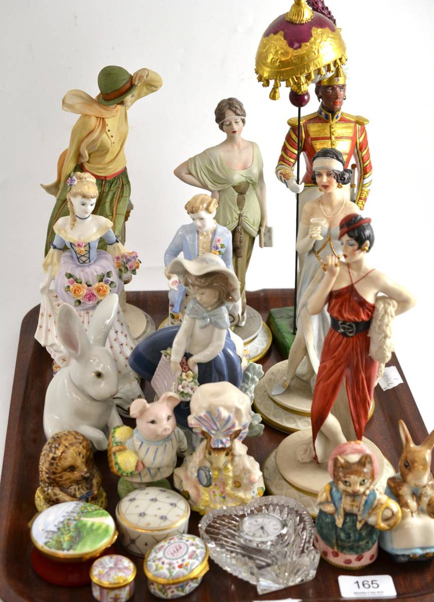 Lot 165 - A tray ceramics including Beswick Beatrix Potter figures, Lladro, Waterford crystal clock,...