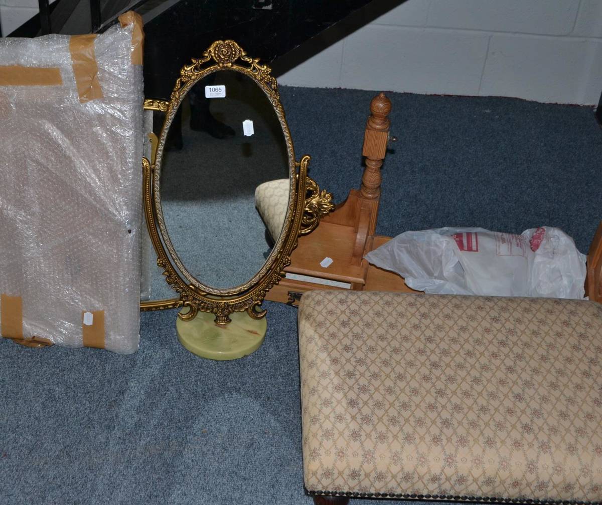 Lot 1065 - Upholstered footstool, pine dressing mirror and two mirrors