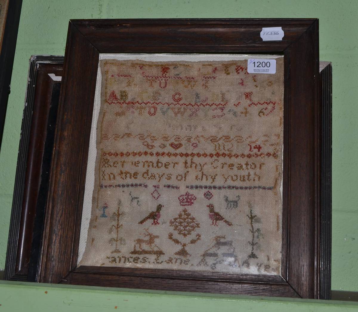 Lot 1200 - A 19th century alphabet sampler worked by *rances Lane, framed, 34cm by 39cm; another framed...