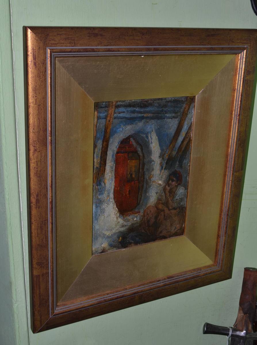 Lot 1225 - Follower of Eugene Delacroix, a figure seated outside a house, oil on panel