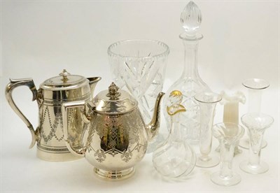 Lot 1 - A tray of decorative glass including a Whitefriar's Venetian style small decanter and stopper,...