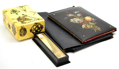 Lot 31 - Victorian papier mache floral blotting book, sand grouse feather in 1917 presentation case,...