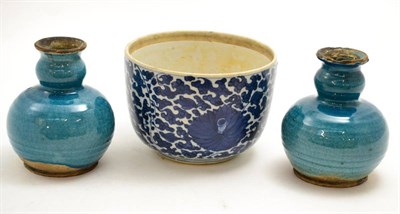 Lot 37 - Chinese Kangxi period blue and white bowl and a pair of turquoise glazed pottery vases