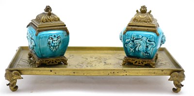 Lot 40 - Late 19th century French brass inkstand with two turquoise glazed wells