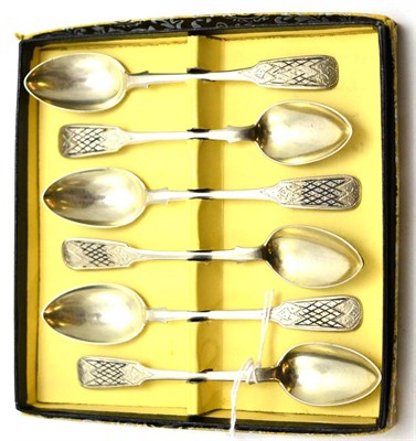 Lot 65 - A boxed set of six Russian silver and niello decorated fiddle pattern teaspoons, probably...