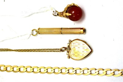 Lot 69 - A 9ct gold propelling tooth pick, a 9ct gold heart locket on 9ct gold chain, a claw pendant and...