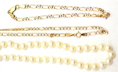 Lot 87 - A cultured pearl necklace with gold clasp and two 9ct gold chains