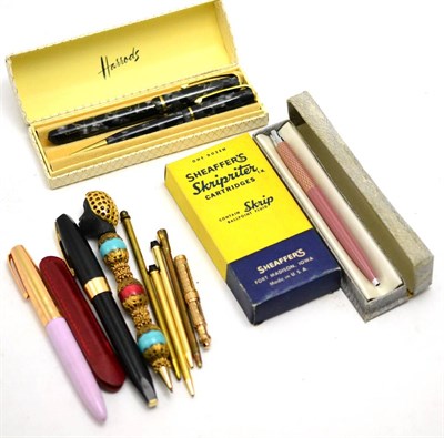 Lot 98 - Schaeffer Snorkel fountain pen, Harrods pen and pencil in box, Waterman lady's silvered ball...