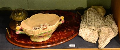 Lot 103 - Inlaid mahogany tray, two Assuit shawls, pottery bowl etc