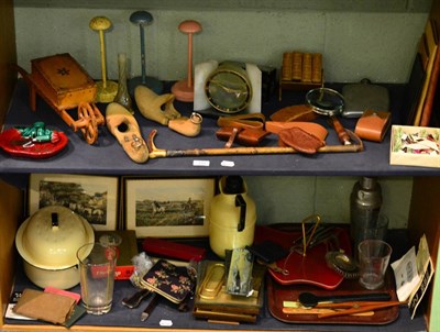 Lot 110 - Miscellaneous items including leather blotting book and other leather goods, wooden wheelbarrow...