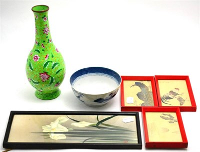 Lot 132 - A Chinese blue and white bowl, a Canton enamel vase, a set of three woodblock prints and a...