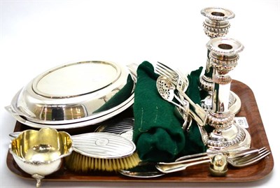 Lot 139 - Silver backed dressing hand mirror and brush, pair of plated candlesticks, plated tureen etc