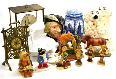 Lot 140 - Brass mounted mantel clock, pair of Beswick dogs, Royal Doulton character jug, Hummel figures, pink