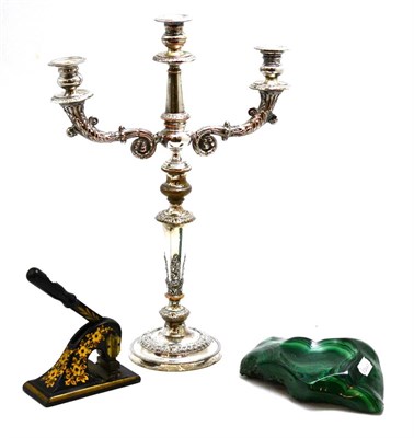 Lot 151 - Sheffield plate candelabra (matched), malachite pieces and a gilt decorated address press