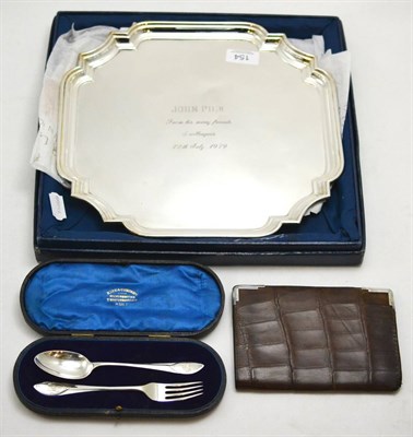 Lot 154 - Silver plated tray, crocodile wallet, silver spoon and fork in box