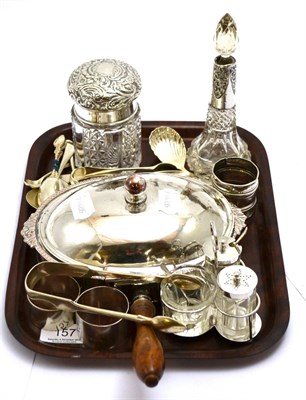 Lot 157 - A collection of small silver including a caddy spoon, silver topped jars, teaspoons etc and an...