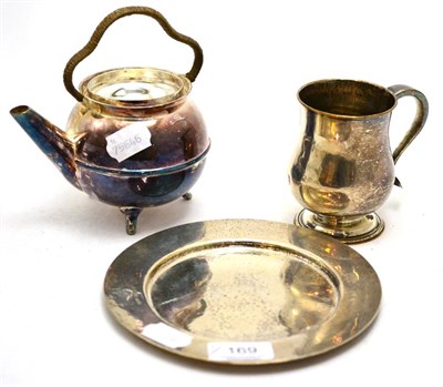 Lot 169 - Small silver plate, Sheffield plate small tankard, plated miniature kettle on tripod feet and a...